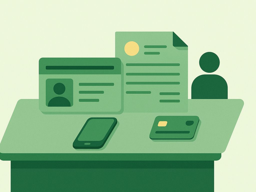 Illustration of a rent-to-own store checking a government ID, proof of income, and a payment method instead of a credit score.